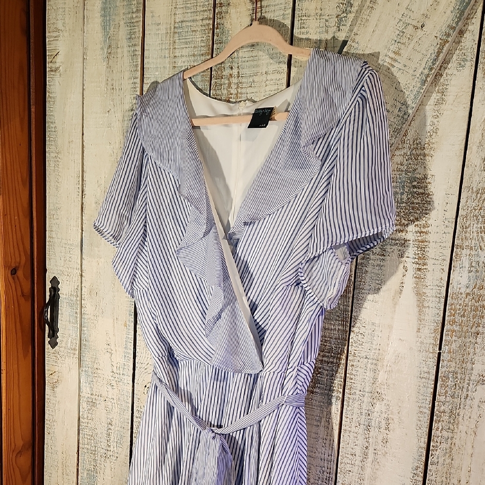 Gabby Skye Blue and White Ruffled Midi Dress